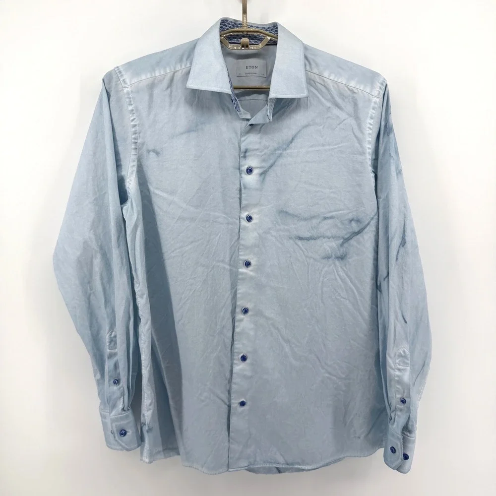 Eton Contemporary Fit Blue Marbled Cotton Dress Shirt Mens 17.5 44 Button Down